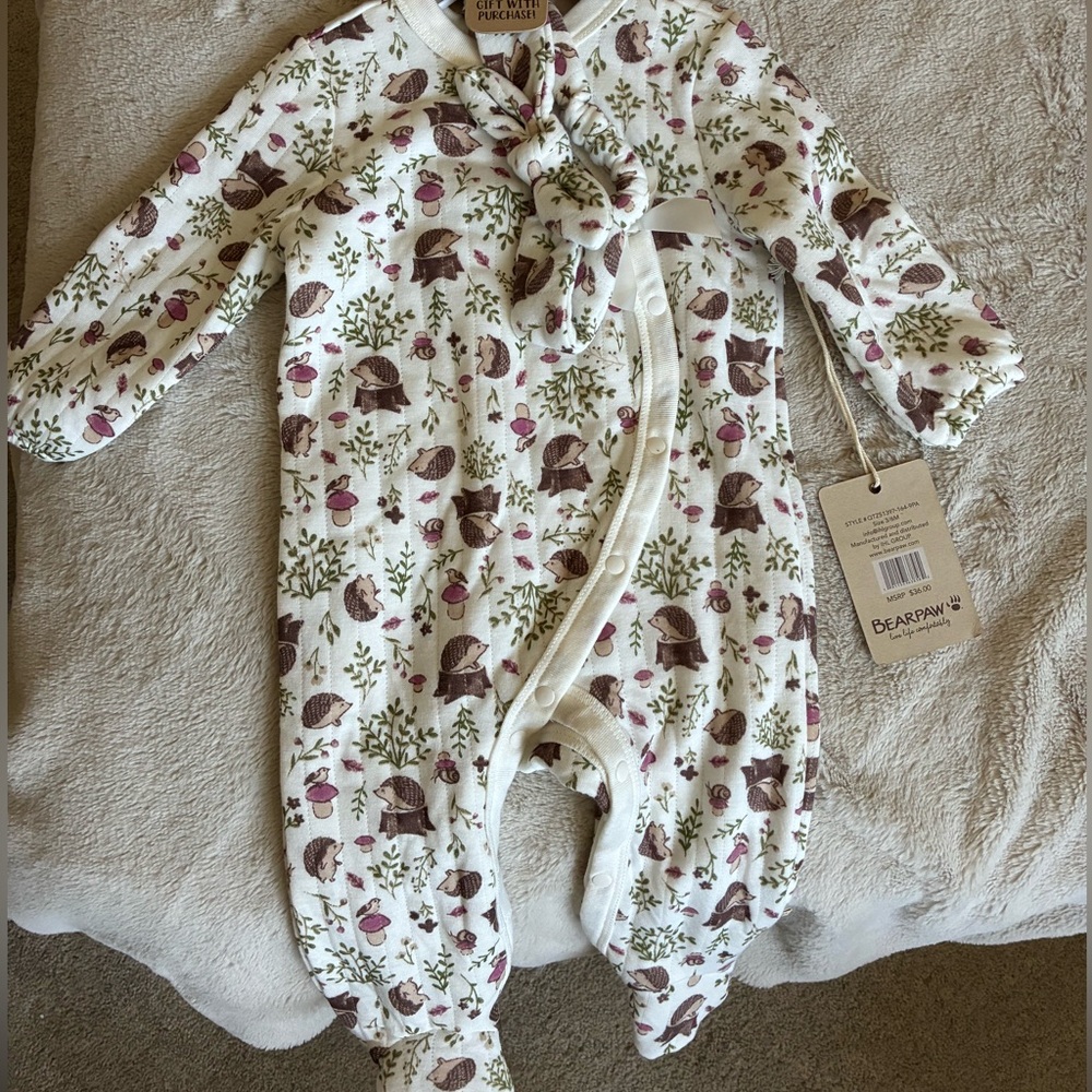 BearPaw Kids Footie - White with Brown and Pink Patterns